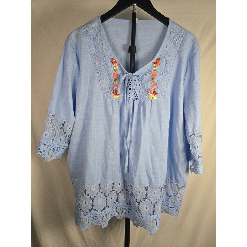 Light Blue Embroidered Eyelet Lace Peasant Top Sz 3XL Boho Cottagecore Prairie - Picture 2 of 16